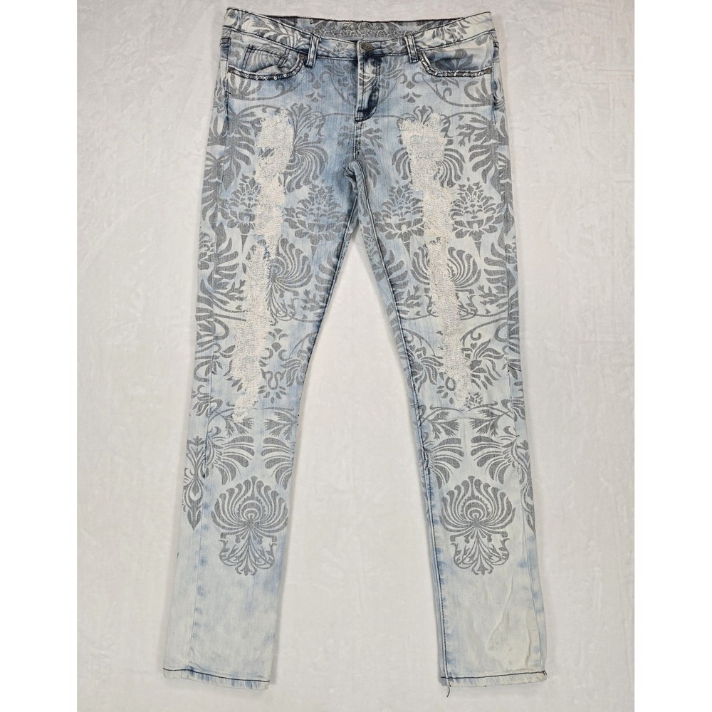 Paisley Sky Womens Slim Distressed Damask Print Jeans Light Wash Rhinestone 9/10